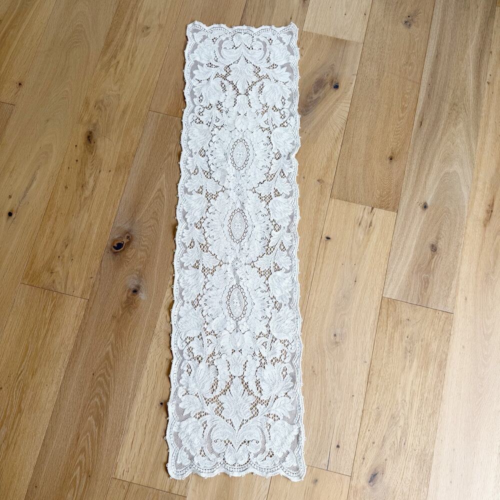 Vintage White Lace Table Runner Crochet Floral Dresser Scarf 14x51